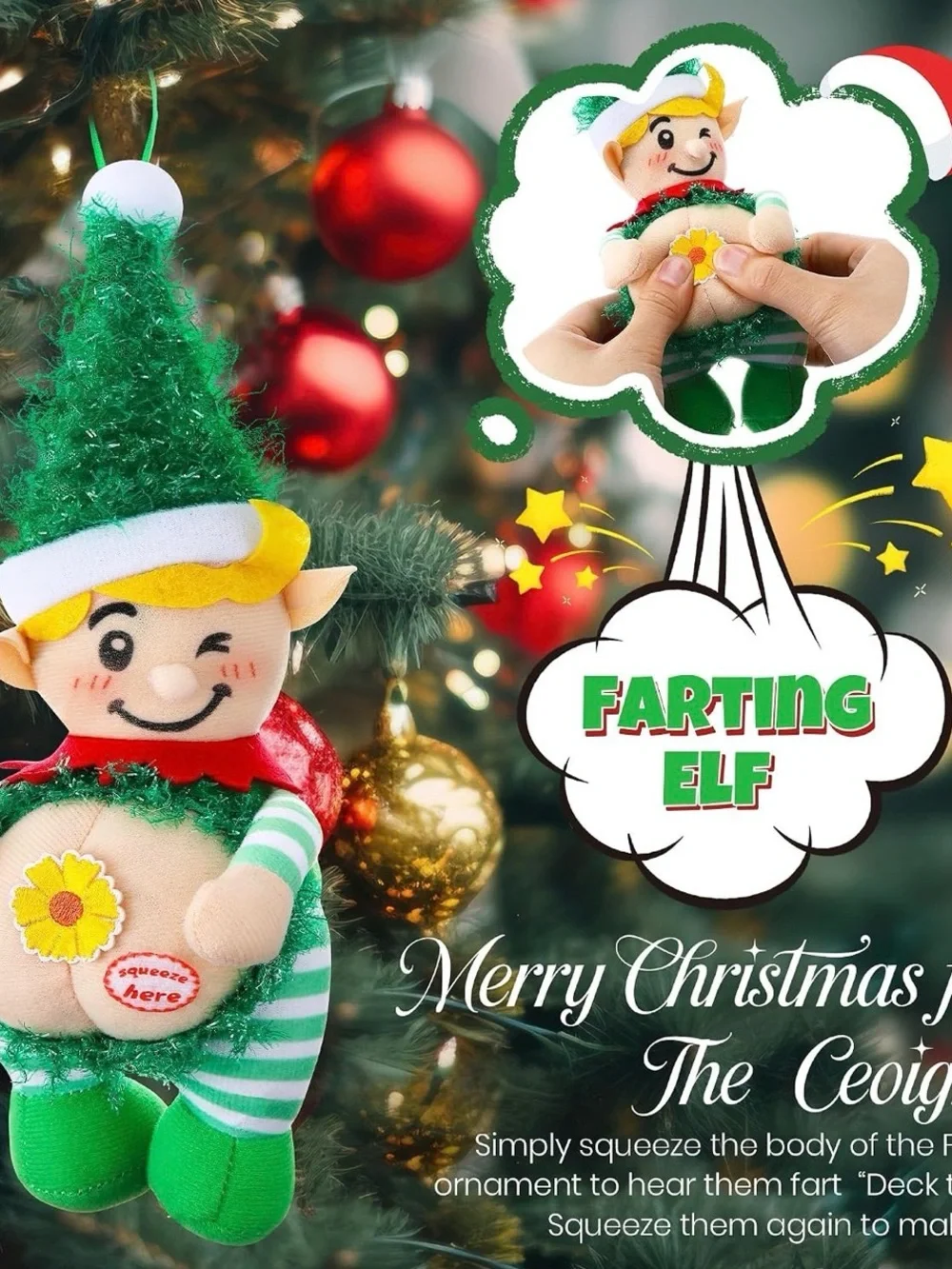 Green Elf Plush Ornament with Yellow Hair and Flower Accent